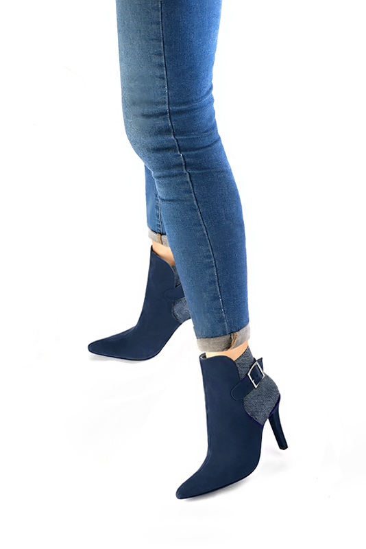 Navy blue women's ankle boots with buckles at the back. Tapered toe. Very high slim heel. Worn view - Florence KOOIJMAN